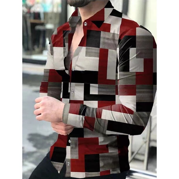 Hombres Impreso Cardigan Solapa Moda Botón Camisa Slim Casual Manga Larga Tops UHUSE Camisa