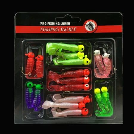 17pcs Fishing Lure Set Jig Head Hooks PVC Soft Worm Grub Single Tail Bait