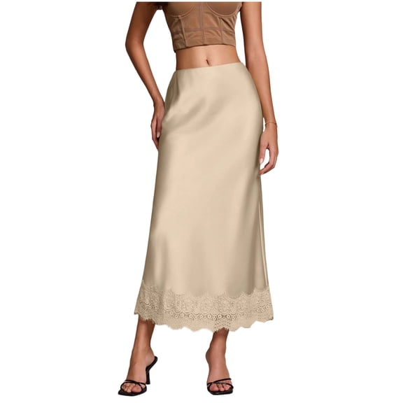 Npasoilc Satin Lace A-Line Flowy Midi Skirt for Women High Waist Elegant Casual Half Skirt