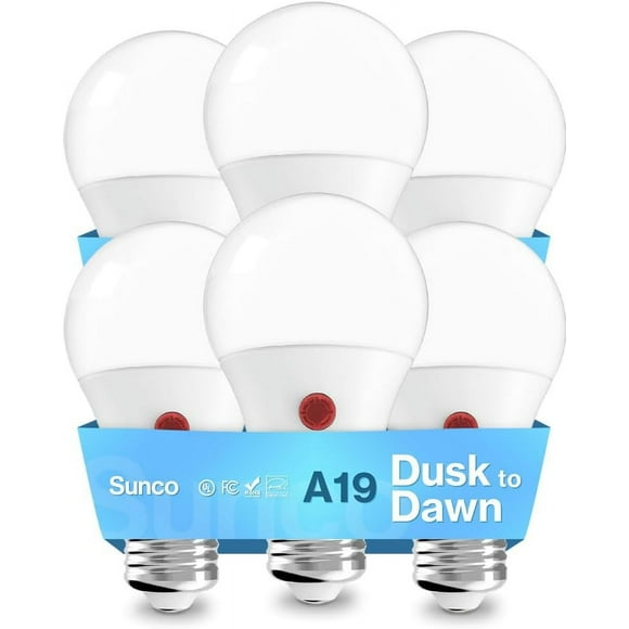 TRAHOO-6 Pack A19 LED Bulb with Dusk-to-Dawn, 9W=60W, 6000K Daylight, Auto On/Off Photocell Sensor - UL & Energy Star