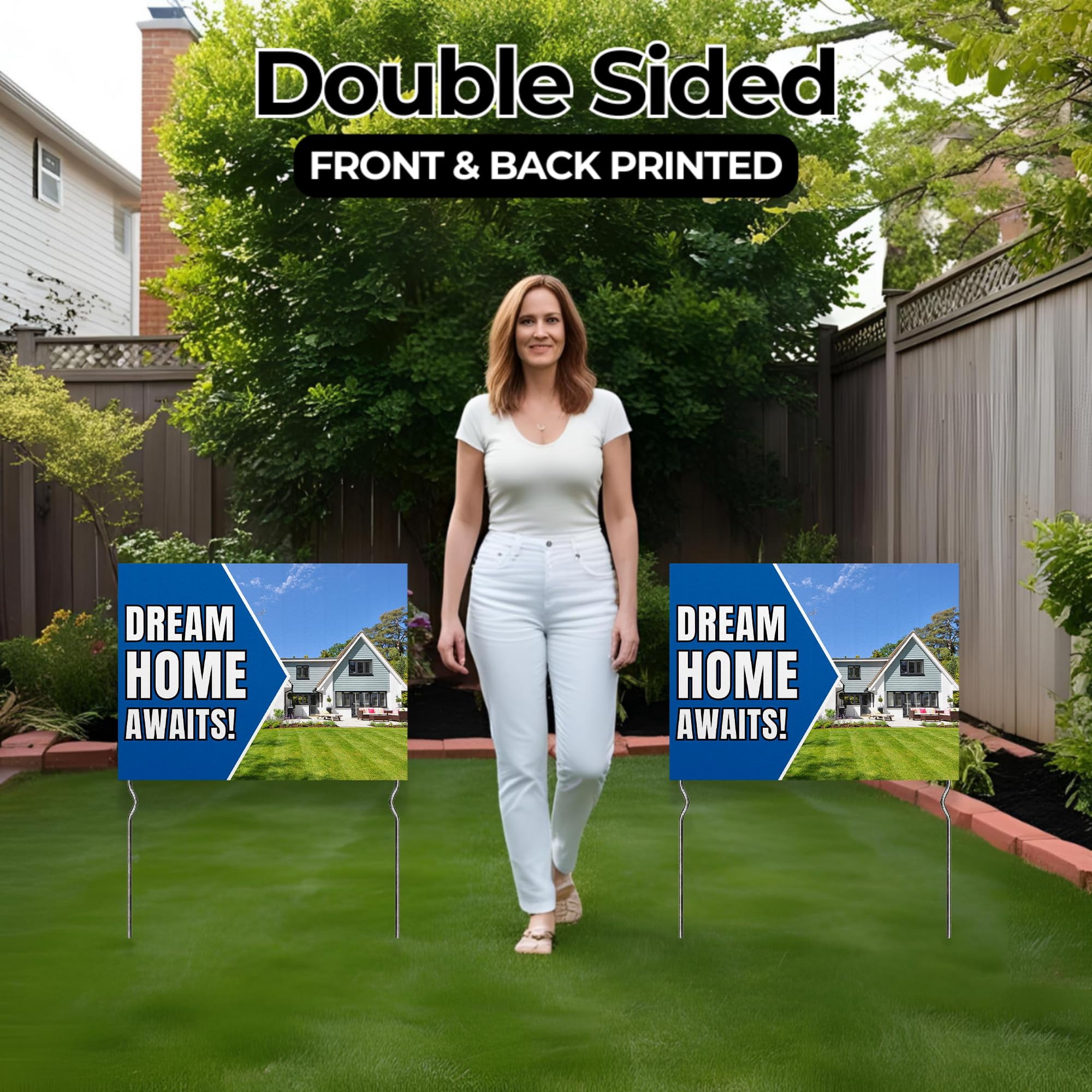 Dream Home Awaits! Yard Sign by DC | 24"x18" Double Sided Real Estate Garden Sign with 13” Metal Stakes | Outdoor Signs Waterproof for Lawn, Patio, Sidewalk & House | Set of 1 | Made in USA