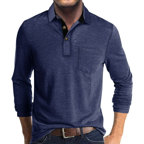 MGCWSH Mens Fashion Polo Shirts Cotton Classic Long Sleeve Thermal Button Shirt with Pocket Dark Blue 3XL