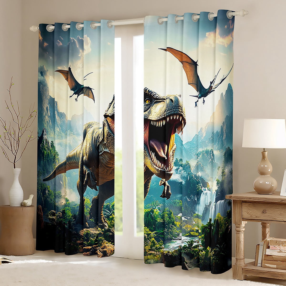 Manfei Kids Dinosaur Curtains Pack of 2 (42x84 Each) for Boys, Tyrannosaurus Rex Curtains Blackout, Wild Jungle Animal Living Room Curtains, Luxurious Home Decor