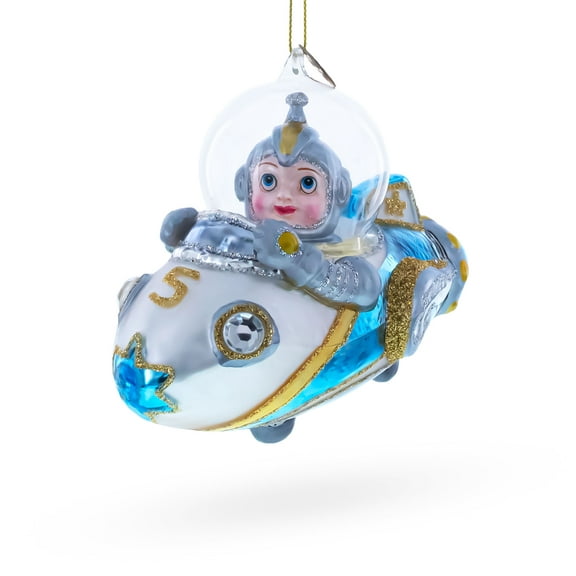 Astronaut Driving Spaceship Glass Christmas Ornament