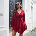 thumbnail image 4 of Vestido skater mini con escote en V profundo y manga larga con cinturón y cordones para mujer,rojo,L, 4 of 6