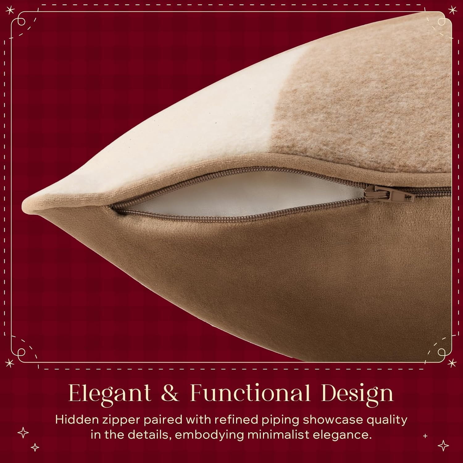 Pack of 2 Christmas Throw Pillow Covers, 18x18 Inch Faux Wool Buffalo Check Plaid with Locking Edge, Beige Holiday Decor for Couch