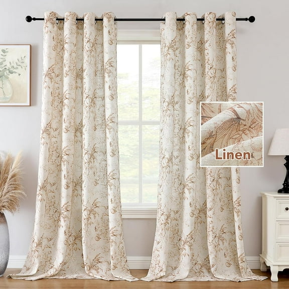 Boho Floral Linen Curtains 96 inch Length 2 Panels Set, Privacy Semi Sheer Light Filtering Curtains, Grommet Farmhouse Vintage Curtain, Print Pattern Drapes for Living Room, Terracotta