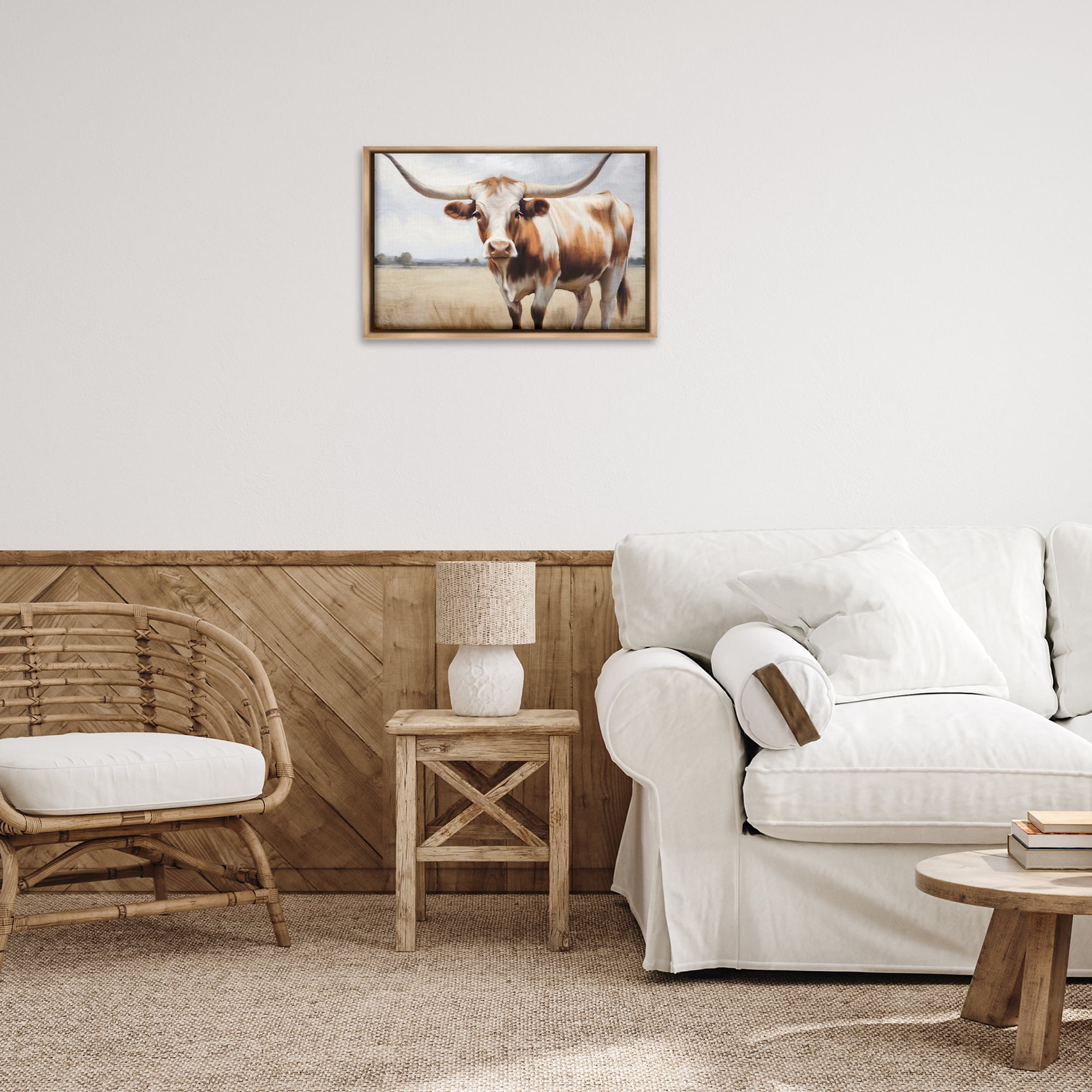 Stupell Industries Spotted Brown Longhorn Animals Painting Brown Floater Framed Canvas Art Print Wall Art, 25 x 17