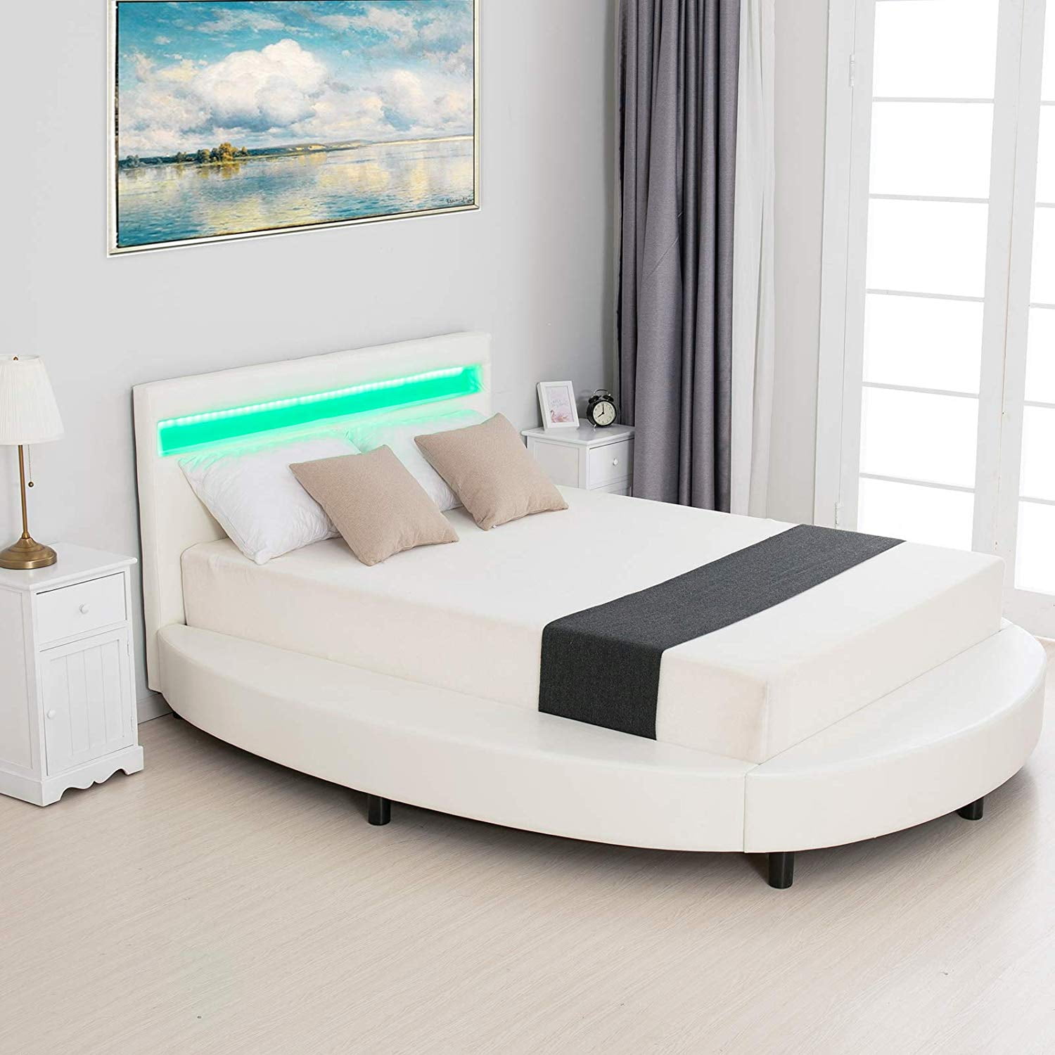 Mecor Modern Upholstered Round Platform, White Leather Bed High Headboard