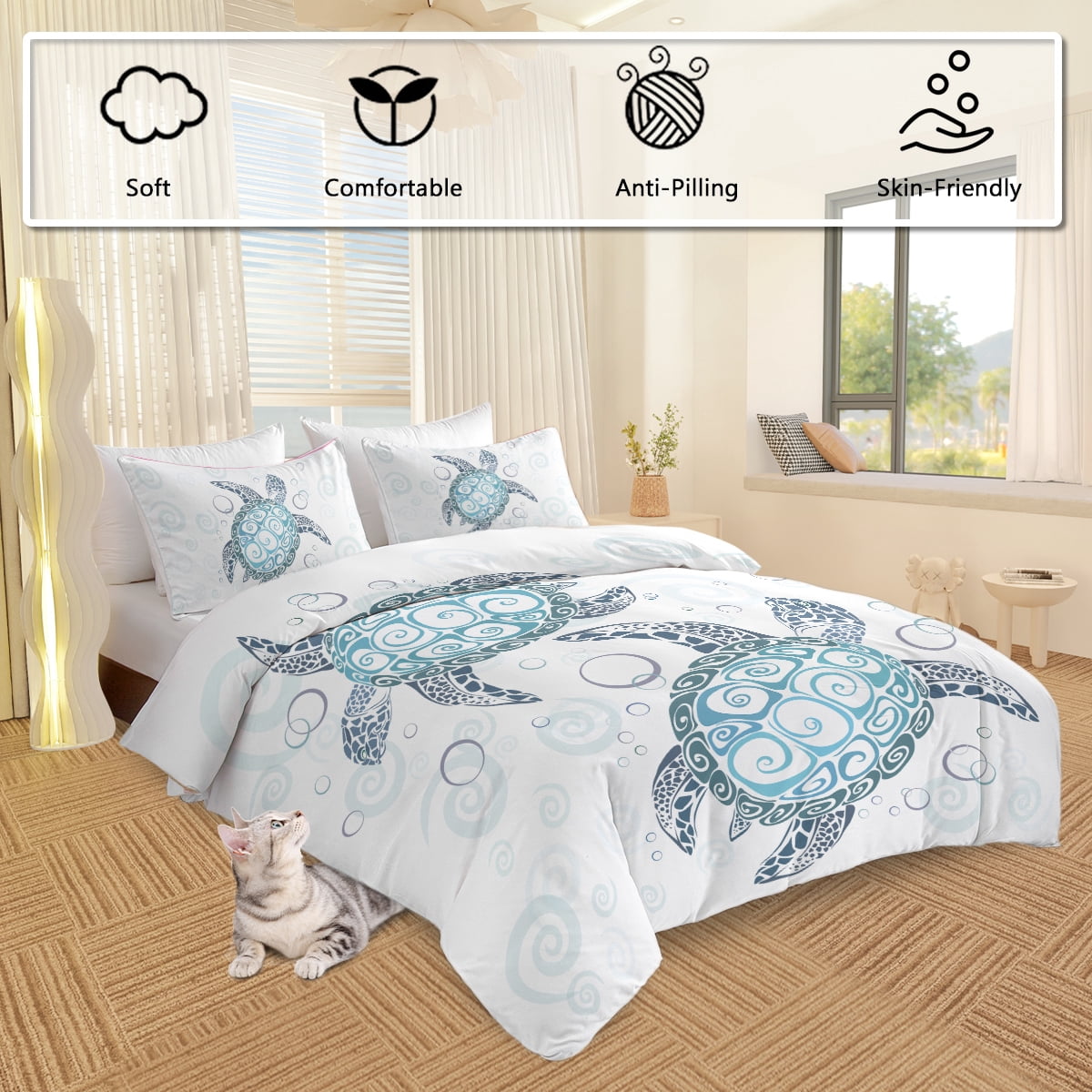 Sea Turtle Bedding Aqua Teal Blue Duvet Cover Sets Beach Turtle Bed Sets Ocean 3 Piece Turtle Themed Comforter Cover with 2 Pillowcases