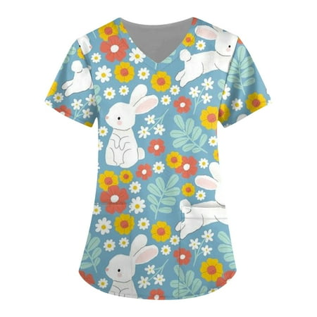 

TQWQT Easter Printed Scrub Tops for Women Breathable Easter Eggs Bunny Pattern V-Neck T-Shirts Tee Scrubs Top with Pockets