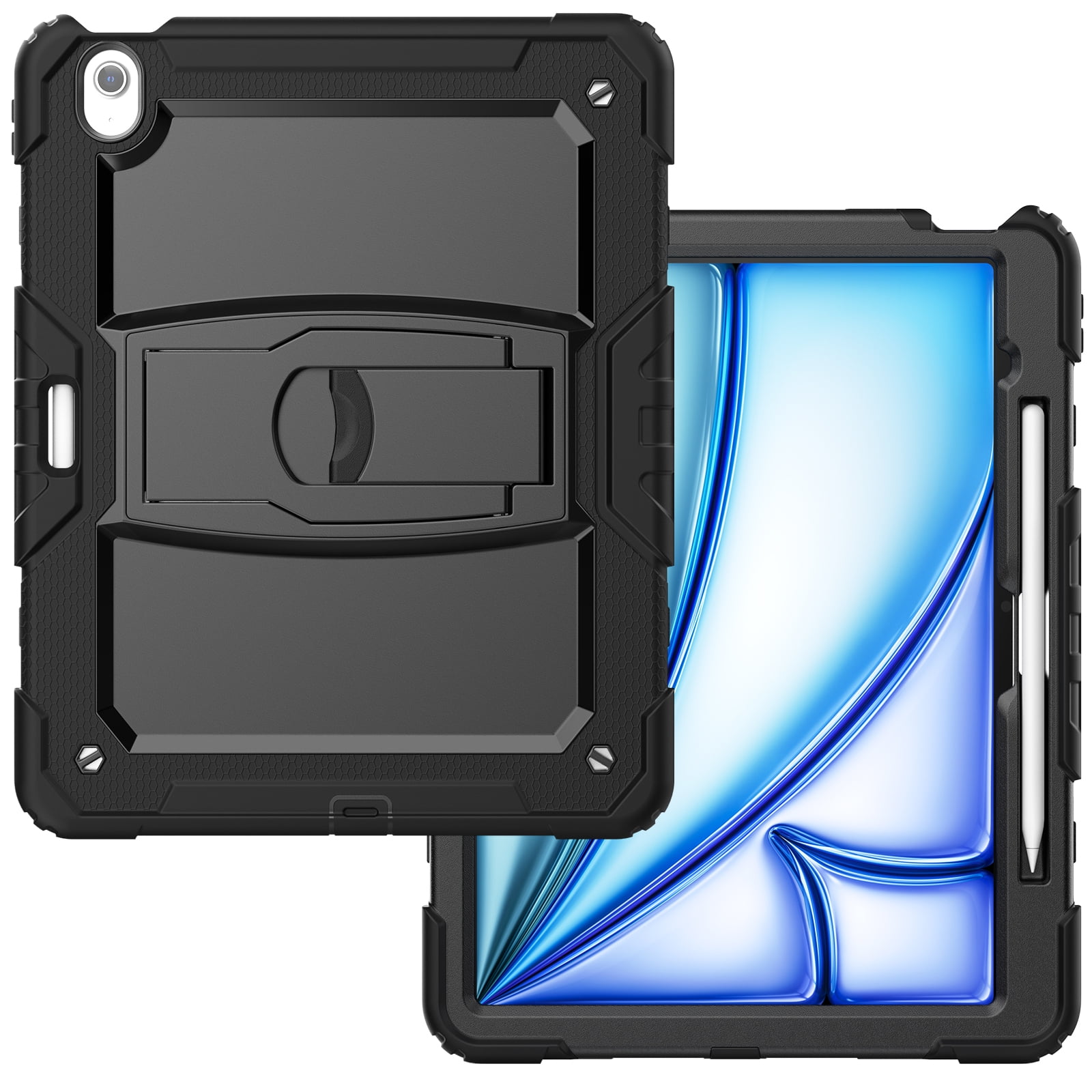 Rugged Case For iPad Pro 13 2024 – 3-Layer Protection Shockproof Stand Cover with Screen Protector, Adjustable Stand, Shoulder Strap, & Pencil Holder -- Black