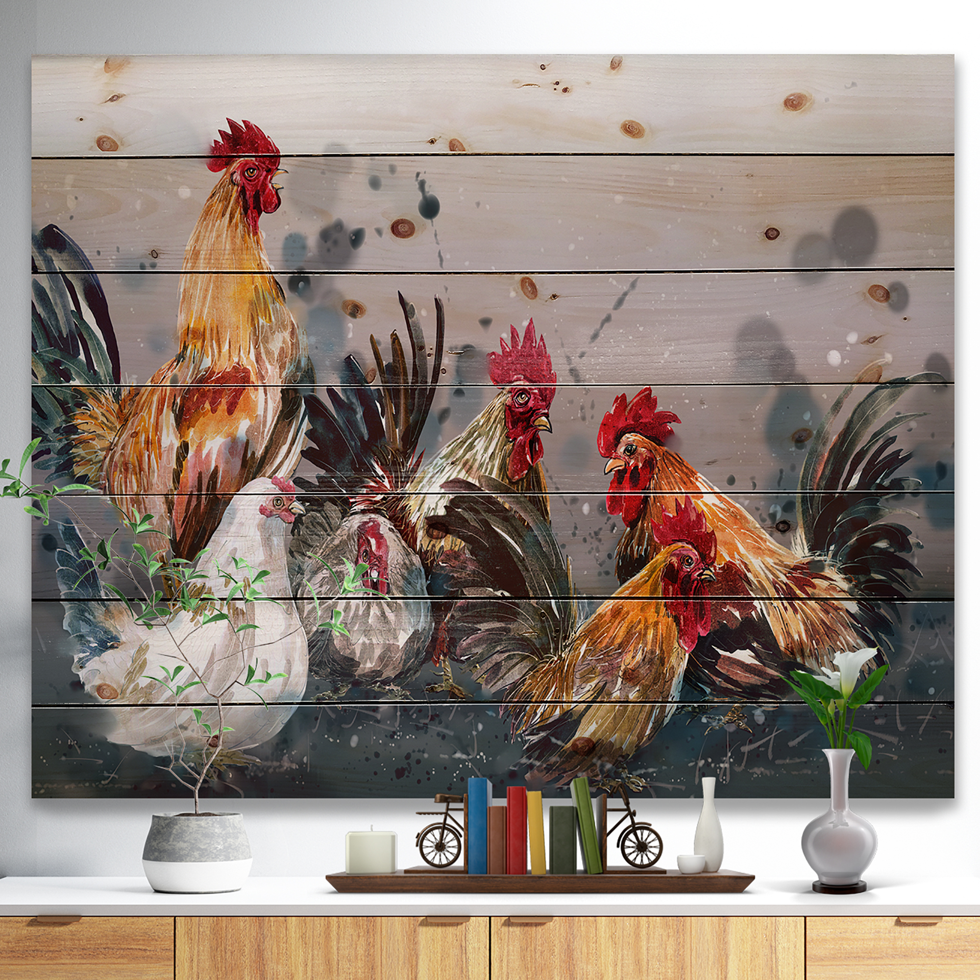 Designart 'Group of Rooster in Gray Farm background ' Animal Print on Natural Pine Wood