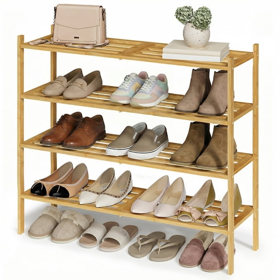 SONGMICS Bamboo Shoe Rack for Closet, Stackable Shoe Oragnizer, Space-Saving Freestanding Shelf, 4-Tier, Holds 15-20 Pairs, Natural Color