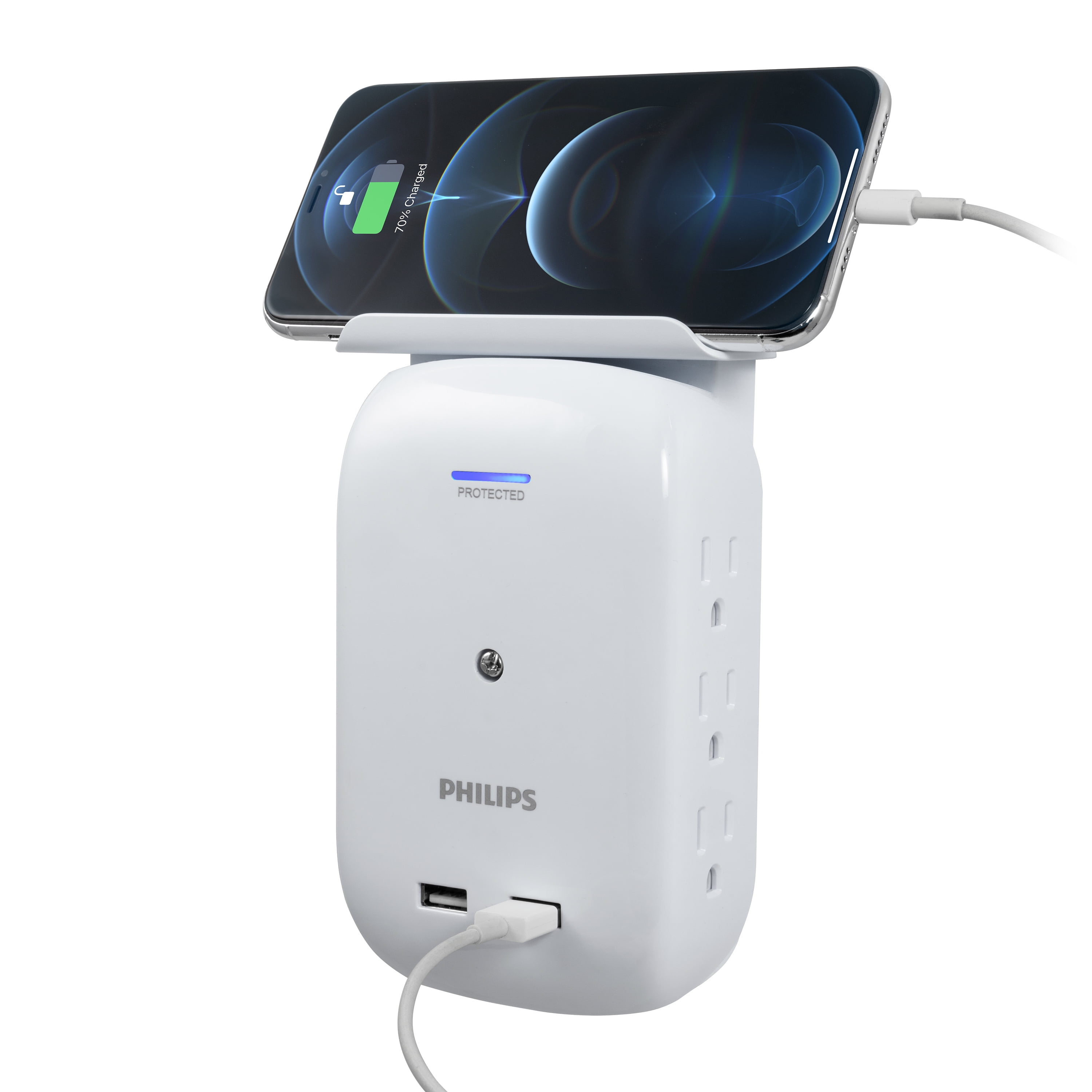 Philips 6-Outlet Tap with Device Shelf, 450J, 2 USB Ports (2.4A), White