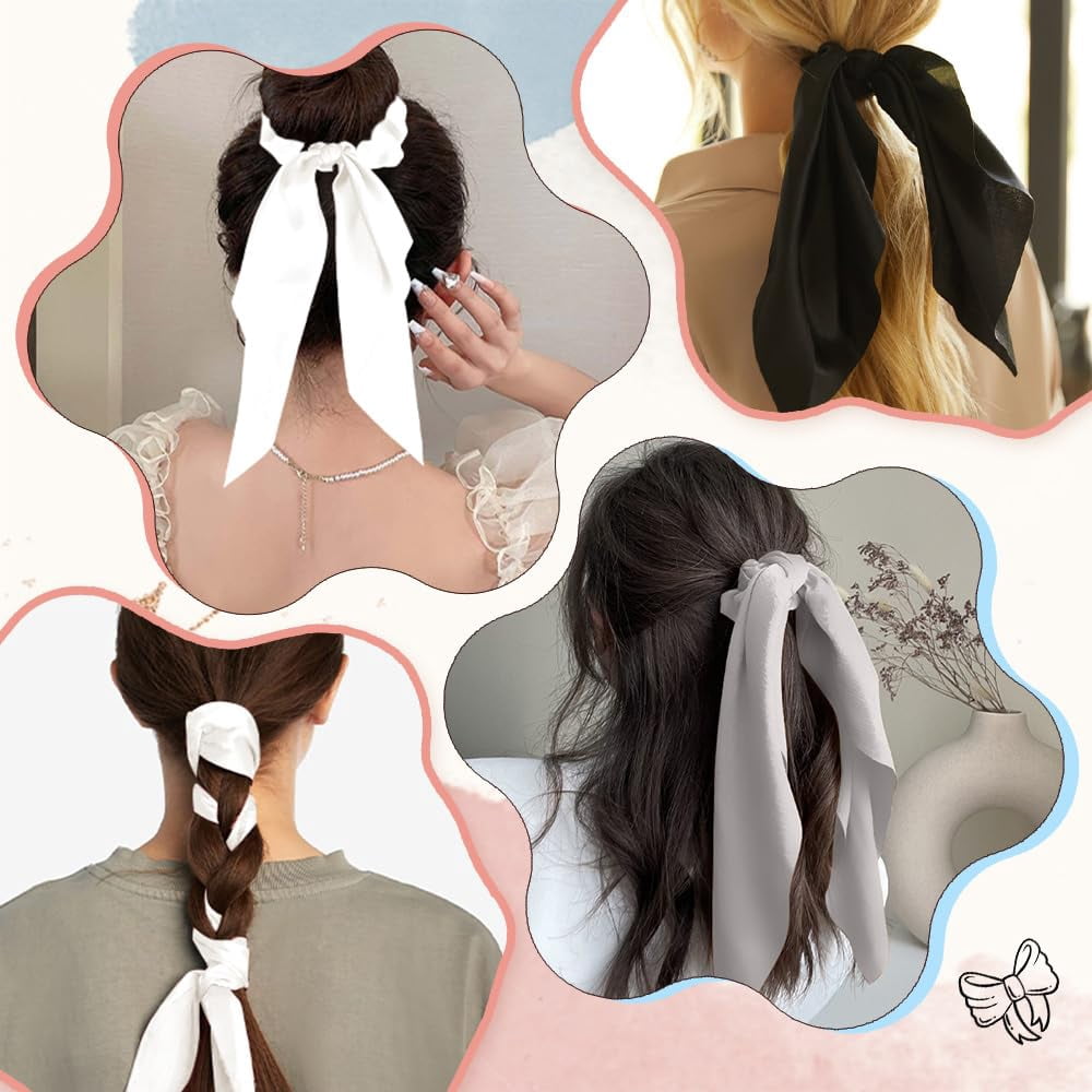 -3 Pcs Hair Scarf Scrunchies,Long Silk Satin Hair Ribbons Ties Bow Silk Scarf Scrunchies with Ribbon Accessories for Women Teen Girls White Grey Black
