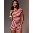 thumbnail image 4 of Women'S 2 Piece Striped Set Off Shoulder Tops and Shorts Two Piece Going Out Vacation Cruise Outfits Red & White L, 4 of 9