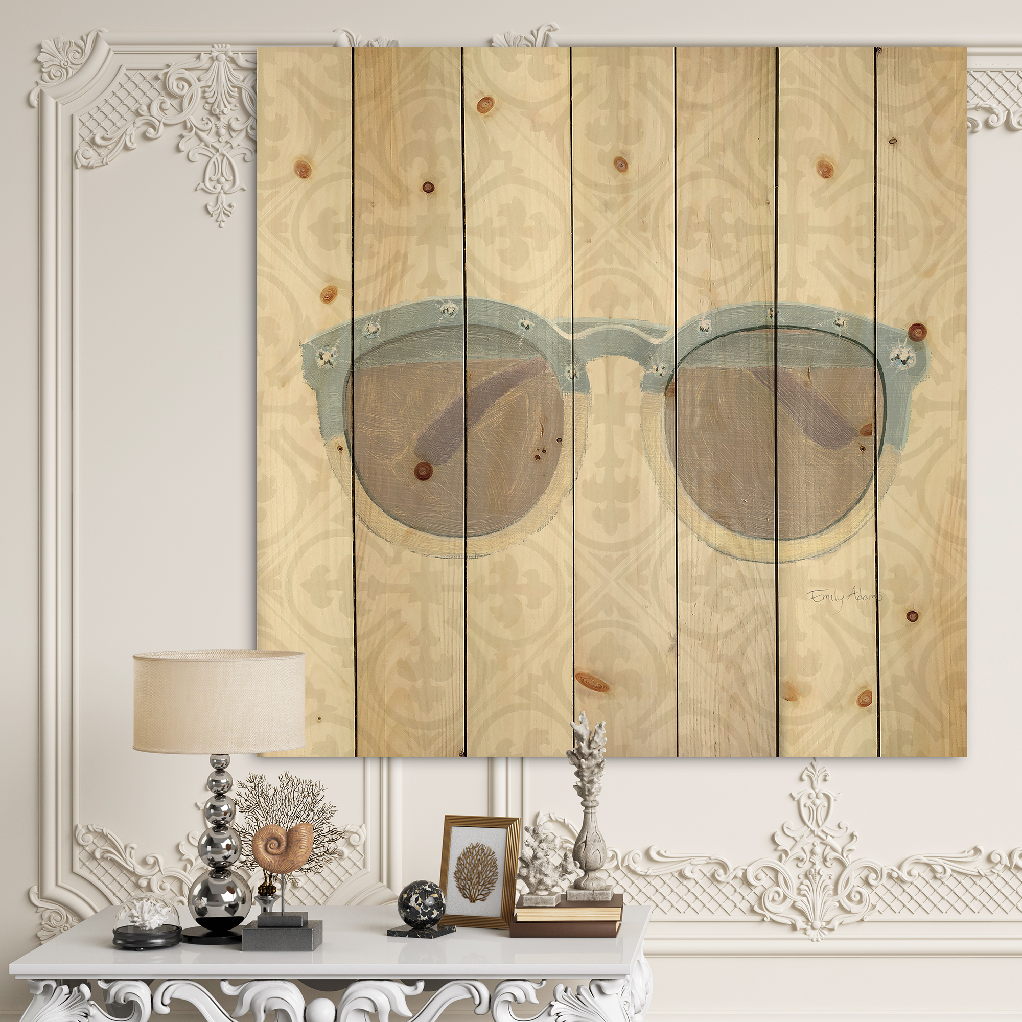 Designart 'Fashion Cosmetics Blue Sun Glasses' Posh & Luxe Print on Natural Pine Wood