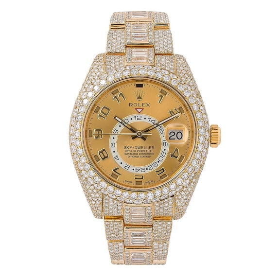 Pre-Owned Rolex Sky-Dweller 42MM 326938 Champagne Arabic Dial Diamond Bezel 18K Yellow Gold Full Diamond Oyster Bracelet 31ct