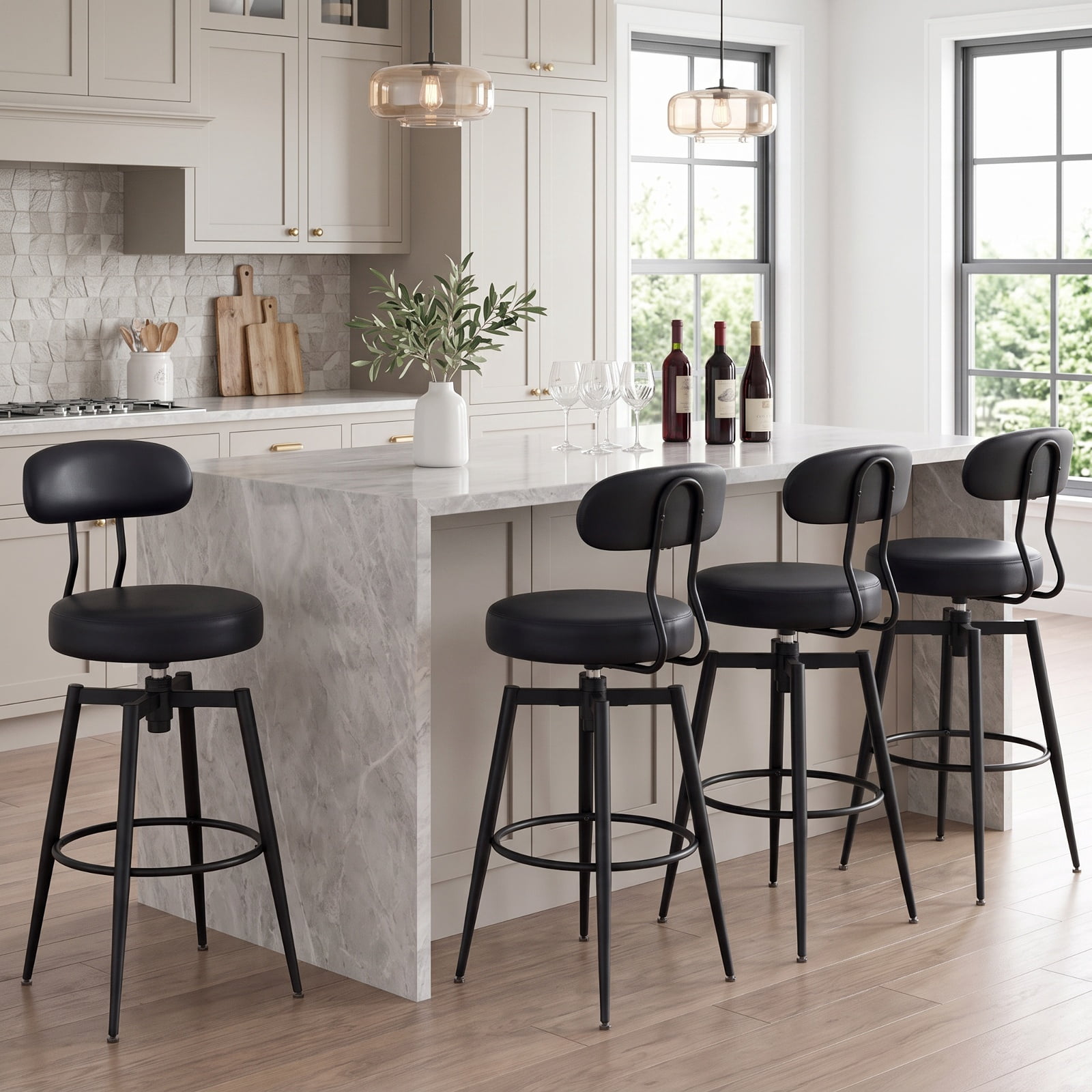 Furnibear Set of 2 Swivel Barstools Faux Leather with Upholstered Seat and Back for Kitchen Island Counter Bar Pub Dining Home, Black
