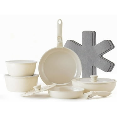 15 Piece Detachable Handle Non-Stick Ceramic Cookware Set, Cream