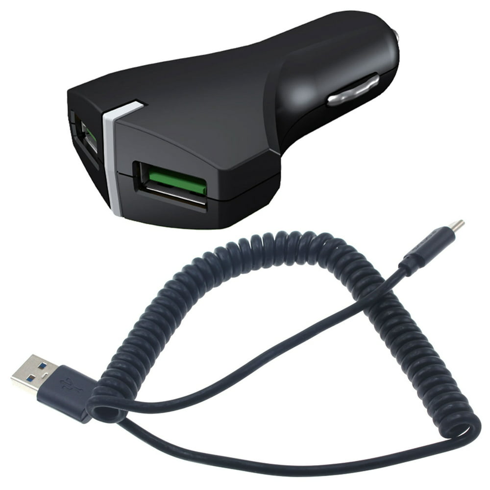 Car Charger 36W Fast 2Port USB Coiled Cable TypeC Quick