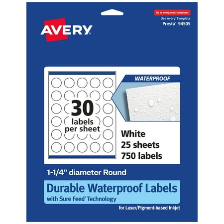 UPC: 0194793910889 | Avery Durable Waterproof Round Labels with Sure Feed  1.25  diameter  750 Oil and Tear-Resistant Waterproof Labels  Print-to-the-Edge  Laser/Pigment-Based Inkjet Printable Labels