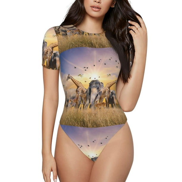 Balery Wildlife Protection Body de cuello redondo de manga corta para mujer Tops de manga corta Tops básicos-Medium