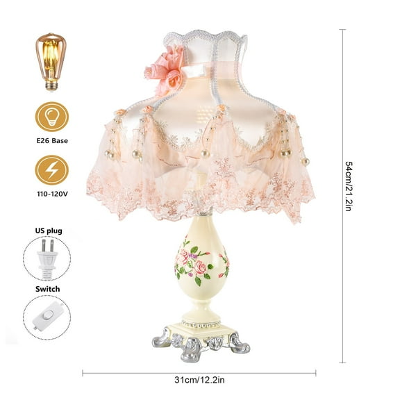 Princess-style Table Lamp Bedroom Stained Table Lamp Desk Light with Fabric Lampshade