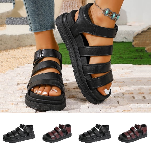BRGZLK Sandals For Women Plus Size Shoes Open Toe Leather Ankle Straps Chunky Heel Solid Color Slip On Summer Dress Sandal Fashion Non Slip Comfortable Breathable Beach Walking Outdoor