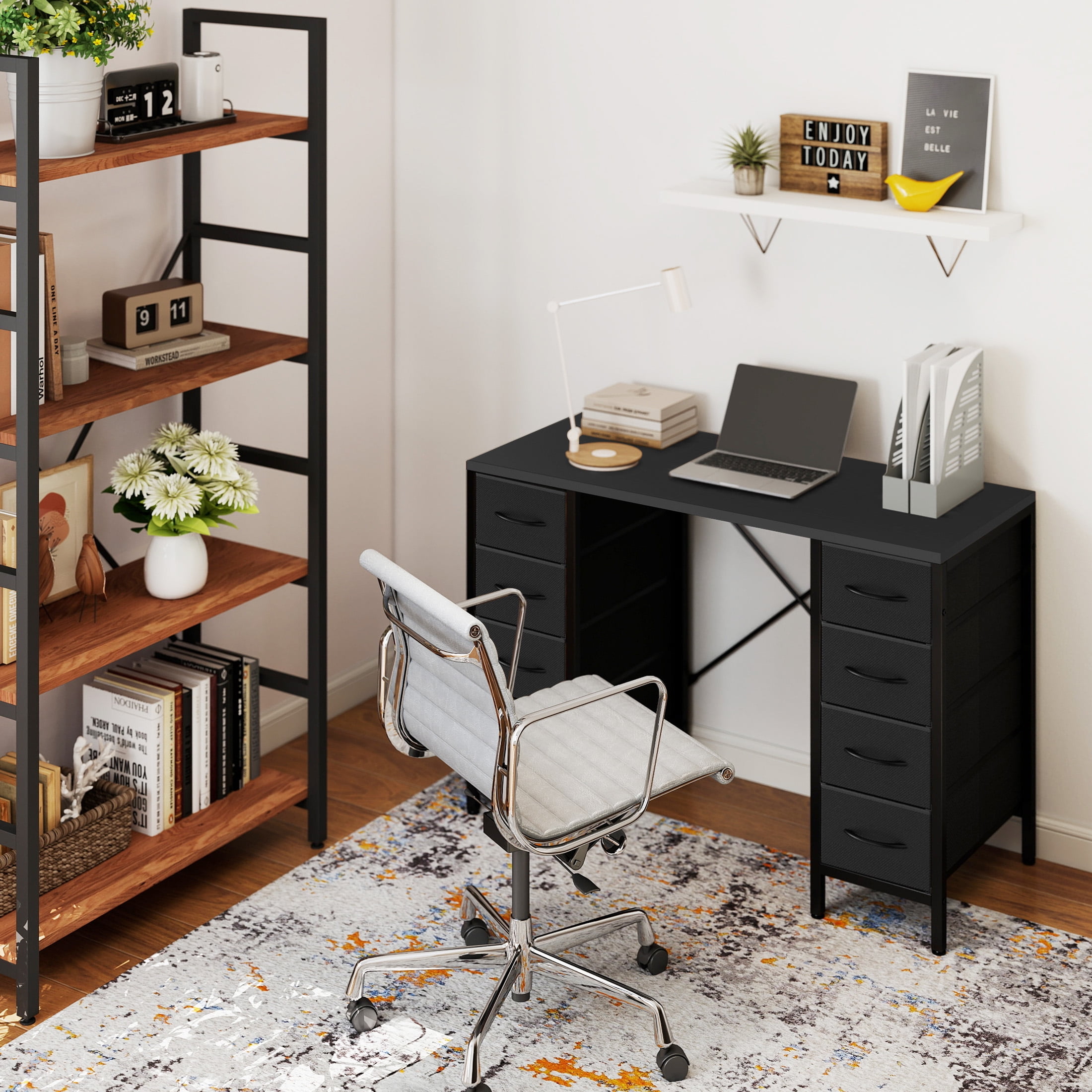 EDX 47 Inch Computer Desk with 8 Fabric Drawer, Home Office Desk with Power Outlets, Large Storage,Black