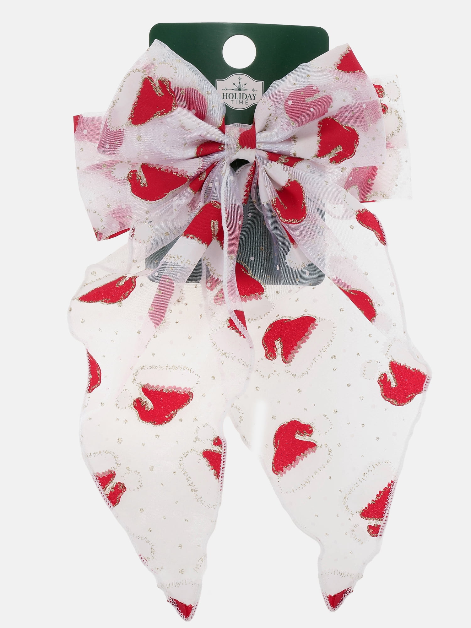 Way to Celebrate Holiday Women's Santa Hat Print Hair Bow, Red/White, 1 Piece, Barrette Hair Clip