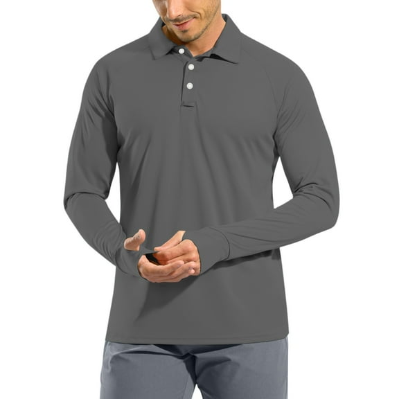 Resicozy Mens Fashion Polo Shirts Classic Long Sleeve Quick Dry Basic Button Tees Stylish Tops Golf Shirts Gray M