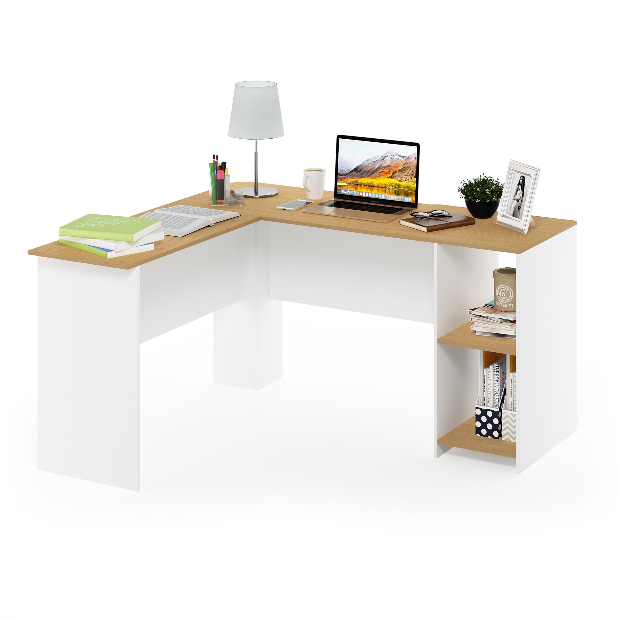 Furinno Indo LShaped Desk with Bookshelves, Natural/White
