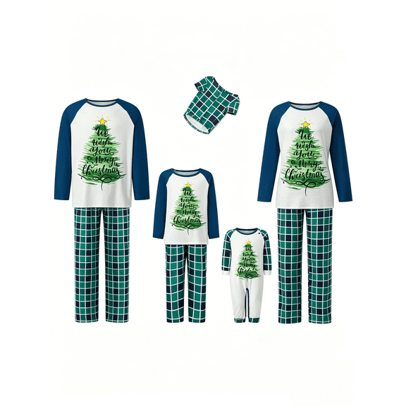 Family Matching Christmas Pajamas Set Tree Letter Print Tops and Plaid Pants Holiday Pajamas Sleepwear