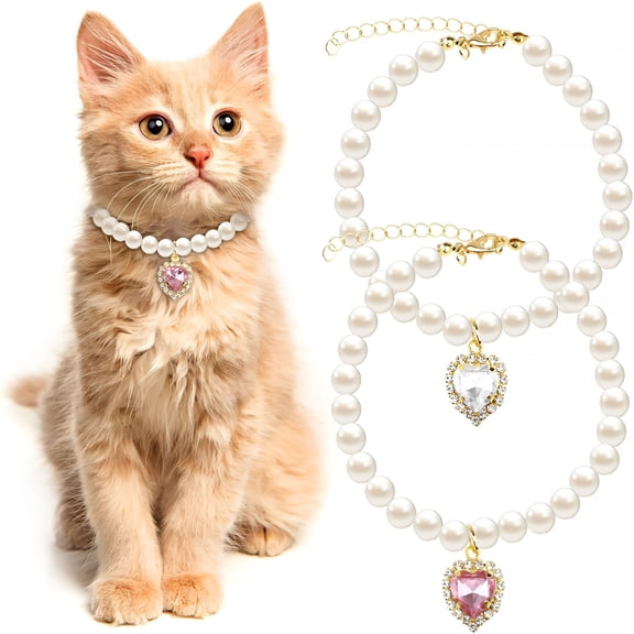 GASTROPOD 2pcs Cute Girl Cat Collar, Fancy Dog Pearl Necklace Collars Adjustable Pearl Dog Cats Collars with Small Heart Shape Rhinestone for Small Dogs and Cats, Pink Heart White Heart