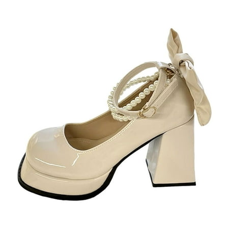 CHOII Women s Summer High Heel Sandals Buckle Fashion High Heels Shoes Pearl Pendant Round Head Ankle Strap Sweet Mary Jane Shoes for Cute Ladies Girly Heart Clearance! Khaki/6
