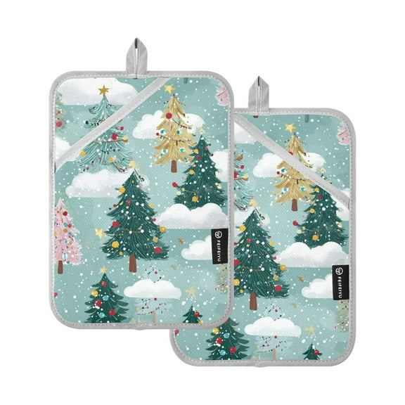 Dreamy Colorful Christmas Trees on Clouds Potholders Heat Resistant Pot Holder Set of 2 Oven Hot Pads with Pocket