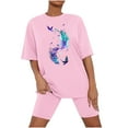 thumbnail image 3 of Jacenvly New Summer Pajamas for Women Casual Solid Short Sleeve Lettuce Trim Top Shorts 2 Piece Outfits Pajama Set Womens Summer Dresses Pink, 3 of 6