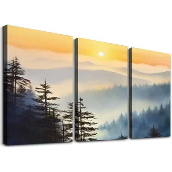 JRXY Wall Decor for Bedroom Sunrise Misty Forest Print Picture Paintings Wall Art for Living Room Bathroom Framed Canvas Artwork Modern Room Wall Decorations Ready to Hang 12x16x3pcs