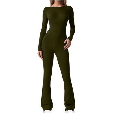vdgthytj Yoga Jumpsuits for Women Long Sleeve Crewneck Rompers Fashion Flare Leggings Bodycon 1 Piece Outfits
