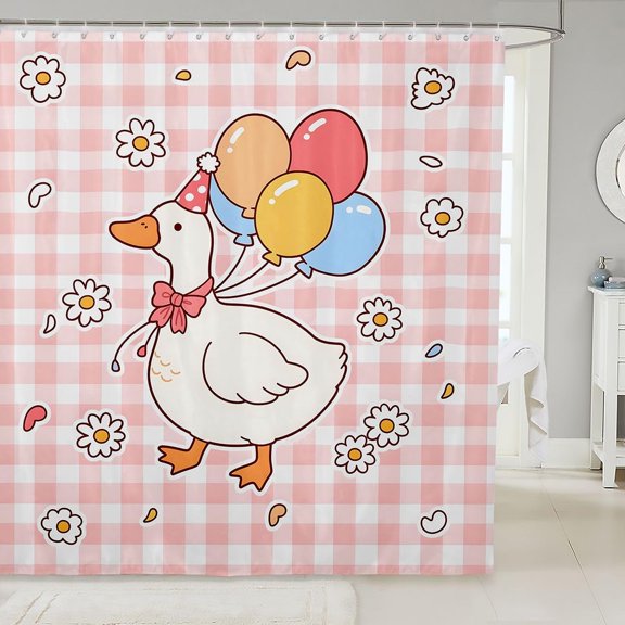 Cute Duck Shower Curtain Pink Gingham Floral Bathroom Decor with Balloons 71x71 inches