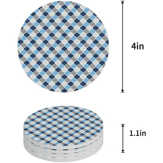 FMSHPON Moroccan Blue Gray Geometric Lattice Set of 6 Round Coaster for Drinks, Absorbent Ceramic Stone Coasters Cup Mat with Cork Base for Home Kitchen Room Coffee Table Bar Decor