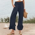 thumbnail image 2 of Linen High-Waist Palazzo Pants - Women's Summer Double Layer Flowy Trousers, Elegant Wide Leg Bohemian Pants | Yubnlvae (Navy | XL), 2 of 7