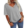 thumbnail image 4 of Solid Color Women Plus Size V-neck Casual Shirt Short Sleeved Simple Tee Tops, 4 of 4