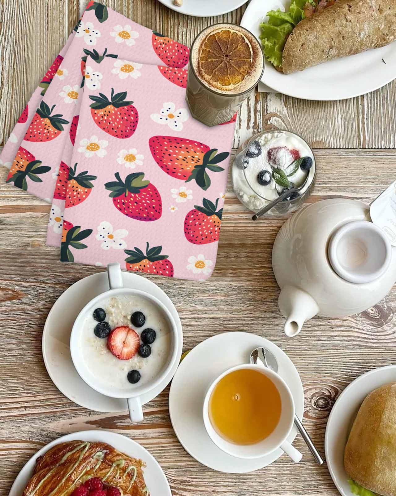 Strawberry Kitchen Dish Towels for Drying Dishes Set of 3, Pink Spring Summer Rustic Floral Fruit Waffle Weave Microfiber Terry Hand Tea Bathroom Towels Quick Dry & Absorbent Towel 15.7x23.6
