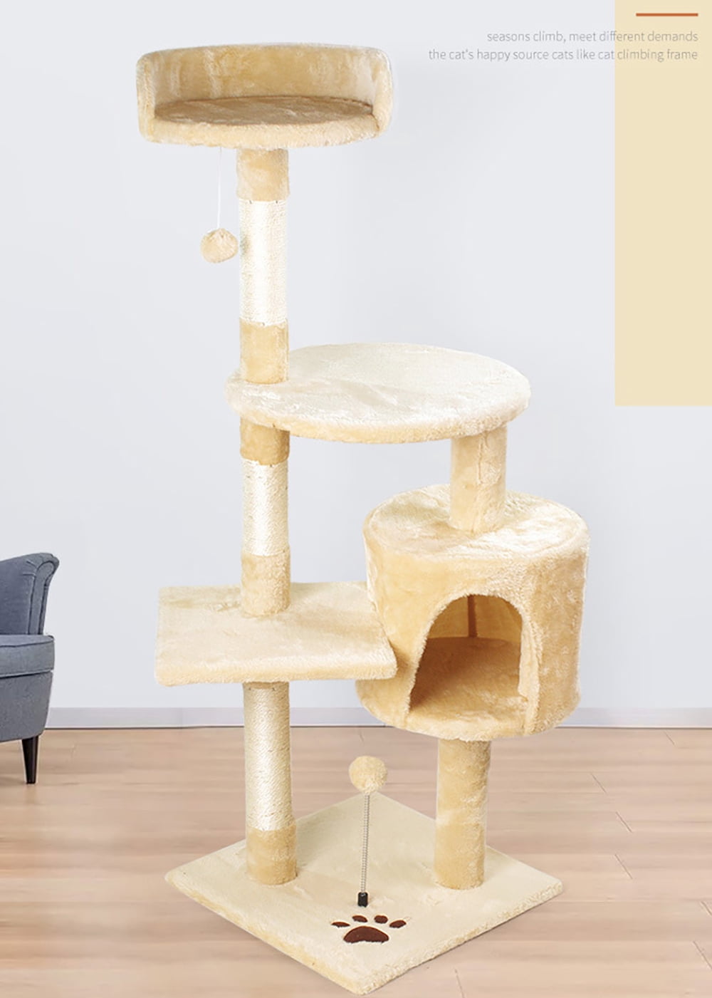 Asunby Beige 46" Cat Tower - Multi-Level Cat Activity Center with Sisal Scratching Posts, Spacious Perches & Interactive Hanging Toys
