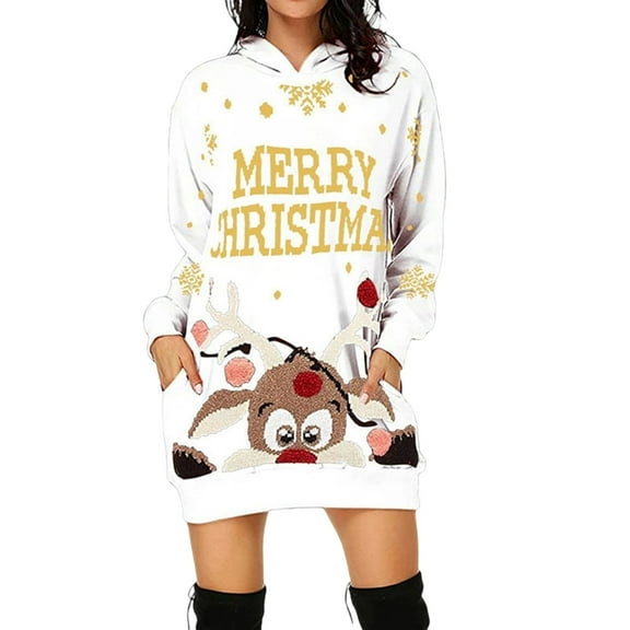 Wang6 Plus Size Christmas Hoodie Dress for Women Cute Reindeer Printed Pullovers Sweatshirts Dress Fall Xmas Long Sleeve V Neck Loose Fit Mini Dresses with Pocket White XL
