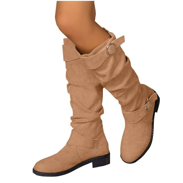 LOVZFMLL Bottes pour Femmes Mi-Mollet Bottes d'Hiver Boucle Bout Rond Antidérapantes Talon Bloc Bas Cuir Automne Hiver Mode