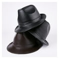 thumbnail image 2 of Men Fedora Hat Real Leather Dark Brown Jazz Hat Male Autumn Winter Men's Flat Top Cap ,Comfortable to Wear, 2 of 4